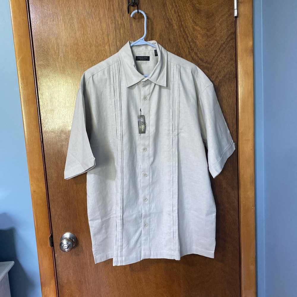 Cellinni Collezione Linen Cotton Short Sleeve Shirt Beige Mens Large NWT